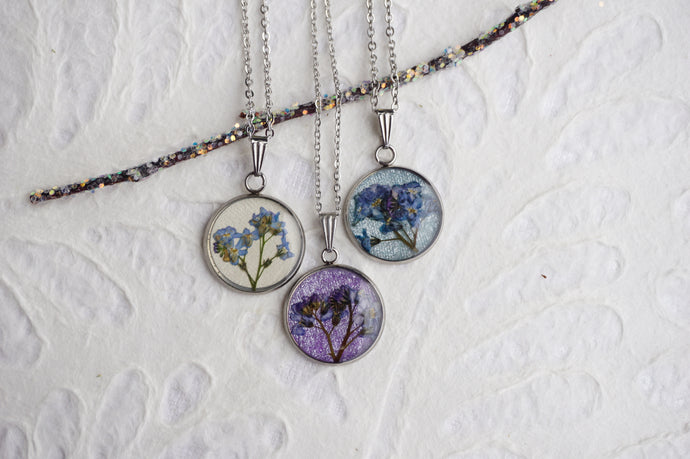 pressed forget me not flower pendant necklace made by Pressed Wishes