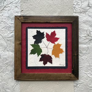 Dried Maple Leaves; The tattoo; pressed maple leaf framed artwork with red handmade paper and brown frame
