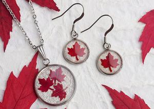 Real Pressed Red Maple Leaf Canadiana Jewellery Set by Pressed Wishes - Pendant Necklace and Earring Jewellery Set
