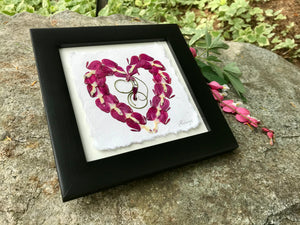 Real pressed Bleeding Heart flowers arranged in the shape of a heart in a black lacquered solid wood frame. Handmade in Canada by Pressed Wishes.