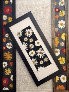 pressed daisy floral art; pressed botanical art with colourful day and shasta daisy