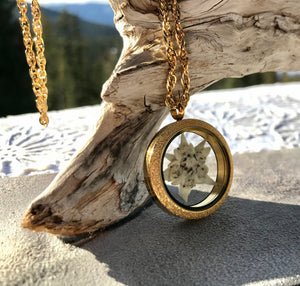 A circle locket necklace made of sparkly gold plated stainless steel and glass is laying against a piece of driftwood in the sun. Inside the locket is a single white Edelweiss flower that has been pressed and preserved. It is handmade by Pressed Wishes, Canadian botanical artist.