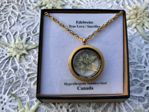 A small white Edelweiss flower is sealed in a circle locket. The locket is held in a custom made jewellery box with the label identifying the flower and its meaning. 