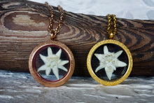 2 circle lockets are laying against a piece of drift wood. The circle locket to the left is rose gold plated, and the locket to the right is gold plated. Inside the circle lockets are real pressed white Edelweiss flowers. These items are handmade with love in the mountains of Canada by Pressed Wishes, botanical artists.