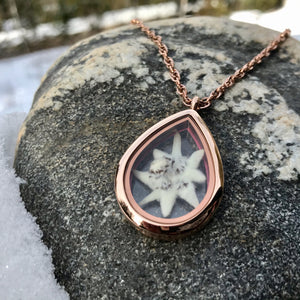 A white pressed edelweiss is inside a glass and rose gold see-through locket in a teardrop shape. The locket is set against a white surrounded by snow. The locket is handmade by Pressed Wishes. 