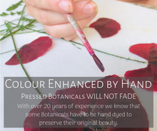 all pressed botanical are hand dyed to protect against fading