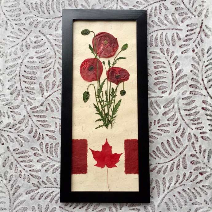pressed red poppy framed artwork with canadian flag | Pressed Flower Home Decor
