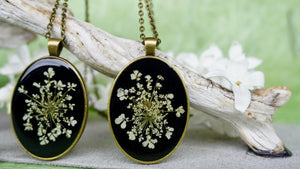 Real Pressed Queen Annes Lace Pendant Necklace with Resin and Real Flowers by Pressed Wishes, Canadian Handmade Organic Jewelry