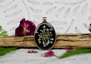 Resin Floral Jewelry by Pressed Wishes - Real Pressed White Queen Annes Lace Flower on Black background, Bronze Pendant - Perfect boho wedding necklace! 