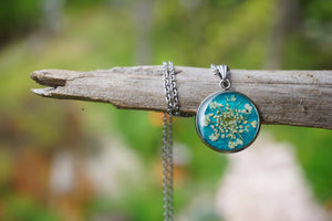 Real Pressed Queen Annes Lace Teal Pendant on Silver Stainless Steel by Pressed Wishes, Canadian Artists