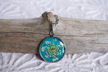 Queen Annes Lace Flower on Teal Background Stainless Steel Pendant Necklace by Pressed Wishes
