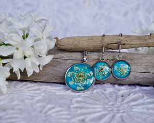 Teal Queen Annes Lace Pendant and Earring Jewelry Set by Pressed Wishes - Resin Floral Jewelry
