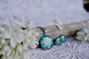 Real White Queen Annes Lace on Teal Jewellery Set - Necklace and Stud Earrings by Pressed Wishes