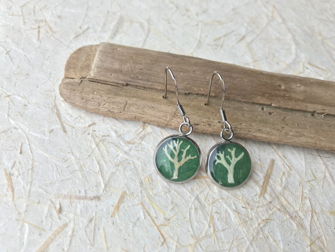 pressed lichen tree of life drop earrings with green handmade paper. sealed in eco resin