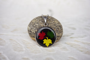 Real Pressed Tri Colour Maple Leaf Resin Pendant Necklace by Pressed Wishes of Mabel Lake, BC, Canada