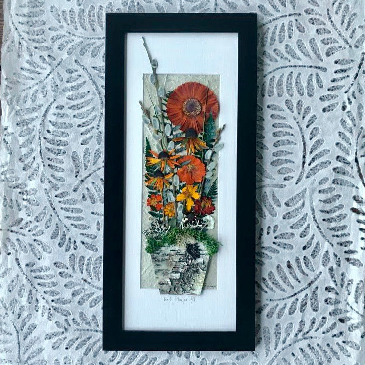 real pressed flower framed artwork orange gerbera daisy birch planter pot by Pressed Wishes