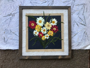 A bouquet of colourful pressed Shasta daisies are arranged on layers of f handmade paper and framed with a solid wood handcrafted frame. This real pressed daisy picture is made by botanical artist, Pressed Wishes, from Mabel Lake, BC, Canada. 