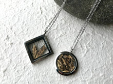 Dried Wheat; pressed ancient einkorn wheat stainless steel locket in diamond and circle