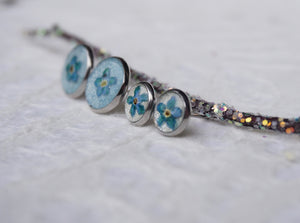 real flower earrings, pressed forget me not jewelry handmade in Canada and inspired by Nature.