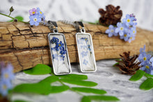 Woodland Jewelry handcrafted by Pressed Wishes. Real Blue Forget Me Not Flower Bar Necklace Pendant - Botanical Jewelry