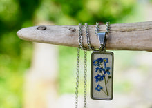 Real Floral Jewelry - Blue Forget Me Not Bar Pendant Necklace by Pressed Wishes - Stainless Steel and Eco-Resin Flower Necklace. Handmade in Canada