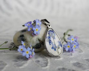 Real Pressed Blue forget me not pendant necklace - real flower jewellery preserved in resin by Canadian artist, Pressed Wishes