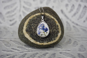 Real Pressed Blue Forget me not flower teardrop necklace by Pressed Wishes - proudly handmade in Canada