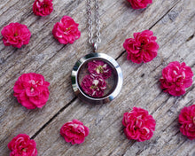 Real Dried fuschia Hawthorne flower circle locket made of silver stainless steel and glass by Pressed Wishes