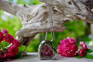 Pink Hawthorne Flower Heart Locket Necklace by Pressed Wishes - Locally grown and sourced Hawthorne Blooms, hand picked and dried to preserve their beauty for years to come. Enjoy nature! 