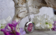 Real dried Hawthorne flower circle locket by Pressed Wishes, Pink Purple fuschia real flower necklace handmade with love in Canada