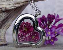 Real Dried Purple Hawthorne Flower in Stainless Steel Heart Locket by Pressed Wishes - Proudly handmade in Canada