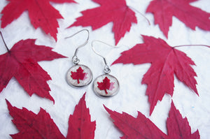 Real Pressed Red Maple Leaf Dangle Earrings on White Background - Handmade in Canada by Pressed Wishes of Mabel Lake, BC
