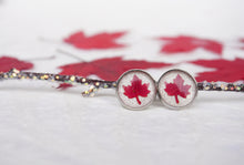 Real Pressed Red Maple Leaf Stud Earrings, Canadian Souvenir Canadiana 