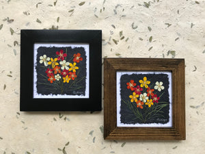 dried flowers; pressed potentilla framed artwork handcrafted in canada. black and walnut frame