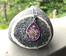 Pressed Queen Annes Lace Purple Teardrop Pendant by Pressed Wishes, Canadian Artist based out of Mabel Lake, BC, Canada