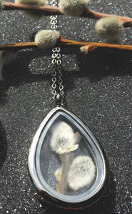 Pussy Willow Teardrop Locket Necklace made of Silver Stainless Steel - Pressed Flower Locket