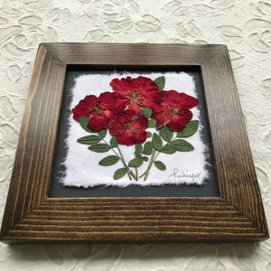 pressed rose framed artwork with walnut frame handcrafted in Canada