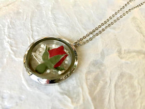 Give the gift of love with this real pressed red rose circle locket necklace pendant handmade in Canada by Pressed Wishes