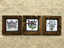 set of 3 dried floral pictures available in walnut frame. 