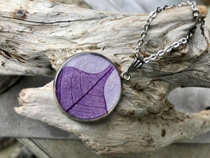 Real purple skeletized leaf resin pendant on handmade purple paper - silver stainless steel pendant by Pressed Wishes